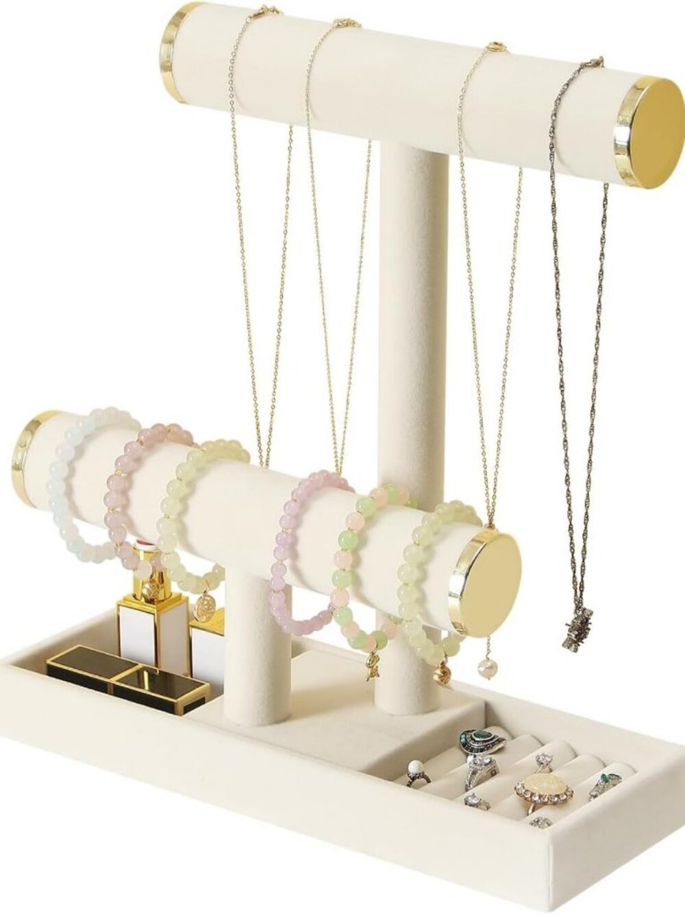 2-Tier Jewelry Organizer Stand for Necklaces, Bracelets, and Watches - Beige